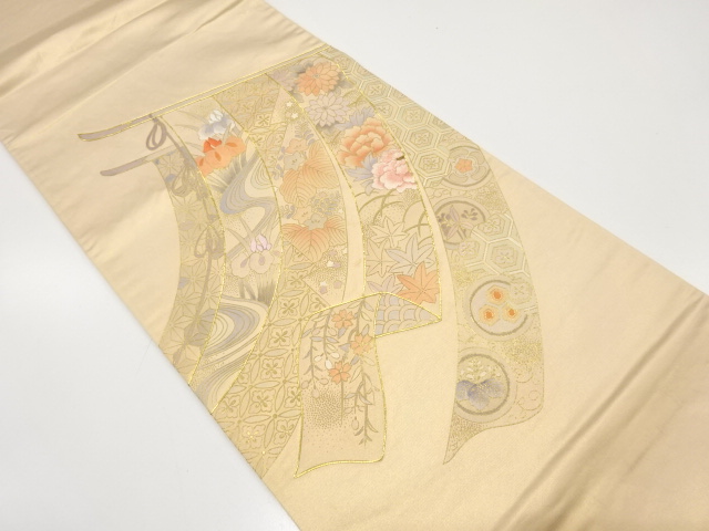 アンティーク　箔置き几帳に草花模様刺繍袋帯（材料）